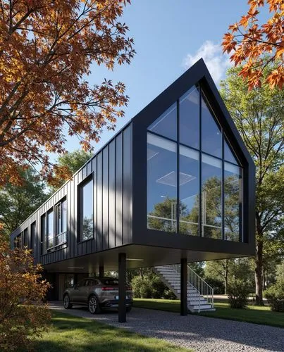 A modern elevated house with a pitched roof, set among autumnal trees, featuring large glass windows and a dark metal exterior, with a gravel driveway and minimalistic staircase leading to the entranc