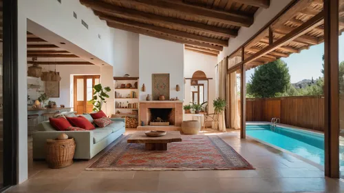 Modern Spanish Interior Design with Outdoor swimming pool,provencal life,wooden beams,pool house,spanish tile,fireplaces,chalet,fire place,fireplace,holiday villa,home interior,luxury home interior,lu