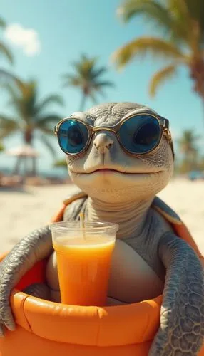 A sea turtle, positioned in the center of the image, is wearing trendy sunglasses with blue and amber tones. The turtle is light gray and brown, with visible, detailed scales. It has large, expressive