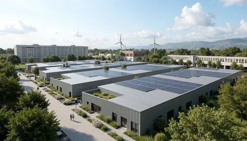 Renewable energy power plant, industrial modern architecture, sleek metal fa\u00e7ades, solar panel arrays, wind turbines, biofuel tanks, geothermal systems, green roofs, living walls, rainwater harve
