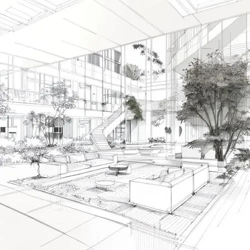 dibujo de interior moderno de area de estar con mobiliario, vegetacion ,a pen drawing of a living room, showing several couches,parametrically,renders,landscape plan,landscaped,core renovation,redevel