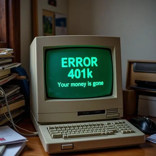an old computer on a cluttered desk. On the screen in green computer letters written "ERROR 401k" and "Your money is gone",an old computer with a message error 407k on it,error,404 error,errors,the co