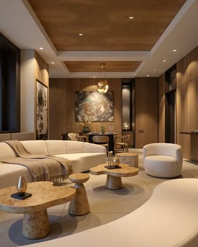 A modern living room with organic, sculptural furniture and soft, curving shapes. Beige and gold tones dominate the color palette, with statement coffee tables featuring abstract metallic designs. The