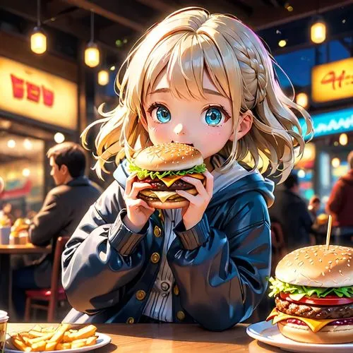japanese style, manga, realistic,girl,eating burger,a little girl is sitting at the table with her hamburger,hamburger,jeeta,burger,borger,jiarui,big hamburger,Anime,Anime,Cartoon