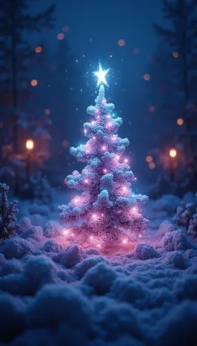 A peaceful Christmas wallpaper featuring snowflakes, styled with neon lights tones, evoking a festive and cheerful atmosphere.,there is a christmas tree that has been lit up,christmas snowy background