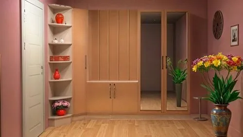 elbise metal gri, küçük askılık ,a couple of vases of flowers are in front of some cabinets,walk-in closet,cupboard,room door,mudroom,cupboards,wardrobes,the little girl's room,storage cabinet,pantry,