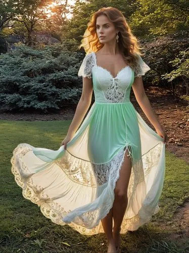 The elegant curves of a woman's face are illuminated by the soft glow of the setting sun. She wears a flowing white dress made of lace and slippers, and her hair is tousled. She gazes into the distanc