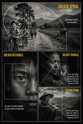 Create a {argument name="style" default="premium black and white educational photography composition poster"} about the {argument name="subject" default="Golden Ratio in visual storytelling"}. Design 