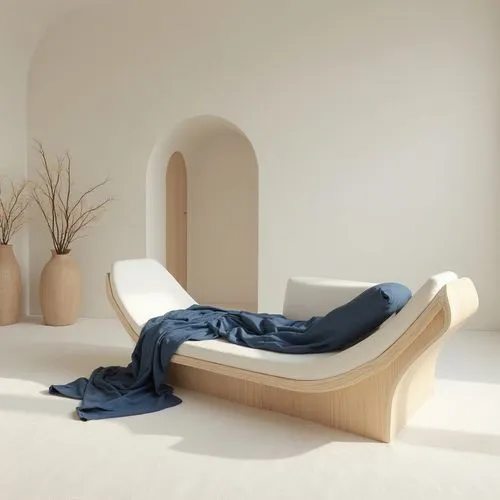 A tranquil and minimalist indoor design emphasizing organic forms and natural materials. The atmosphere is serene and spacious, featuring a neutral palette dominated by soft whites, warm beiges, and s