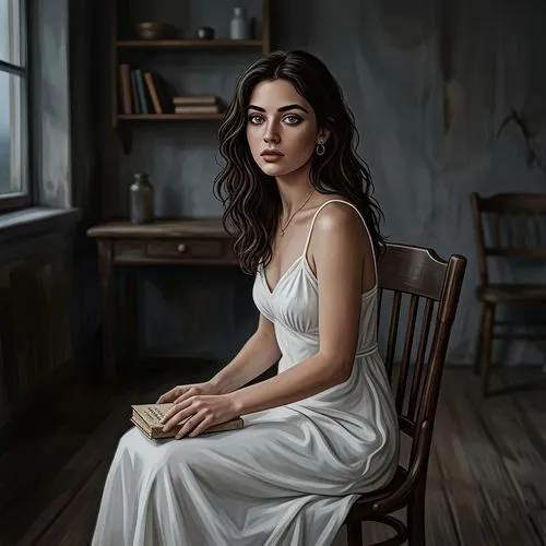 A detailed digital illustration of a young woman, her face a canvas of soft blue eyes, adorned in a flowing white slip dress, sitting in a simple room bathed in a dark gray glow. The blurred backgroun