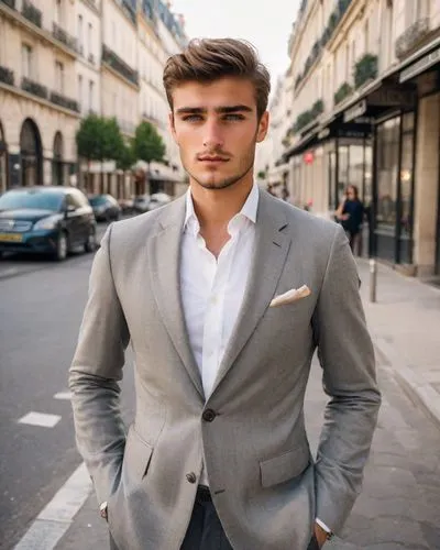 Outdoor headshots，Lifestyle headshots，Elegant Parisian Street,a man,men's suit,wedding suit,navy suit,formal guy,businessman,suit,business man,boutonniere,men clothes,white-collar worker,suit trousers