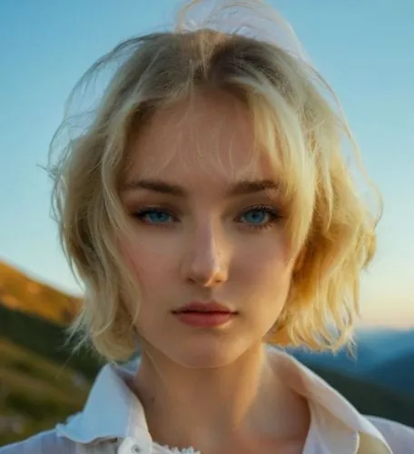 a portrait of a beautiful young woman aged 22 with short blonde hair and blue eyes, she close one eye and the other not, the young woman wearing a white blouse. The background is a clear blue sky, a