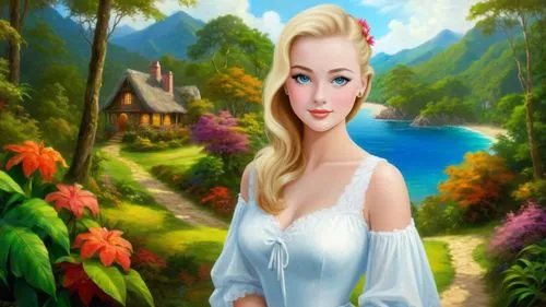 Romantic masterpiece oil painting, beautiful girl portrait, nostalgic 1950's style kitsch, vibrant rainforest,  mountaintop cottage landscape, lush tropical jungle paradise, summer beach scenery, by T
