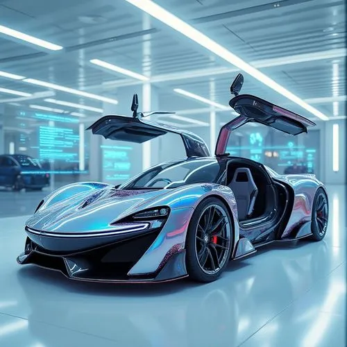 A hypercar displayed in a clean, futuristic showroom with holographic interfaces projected around it. The car’s body is sculpted like liquid metal, with iridescent paint shifting colors under bright, 