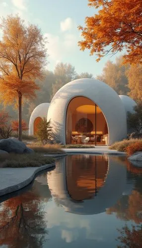 A scene of a picturesque autumn landscape phototgraphy, wallpaper collection,a futuristic looking pool near a big pond,futuristic architecture,futuristic art museum,igloos,3d rendering,futuristic land