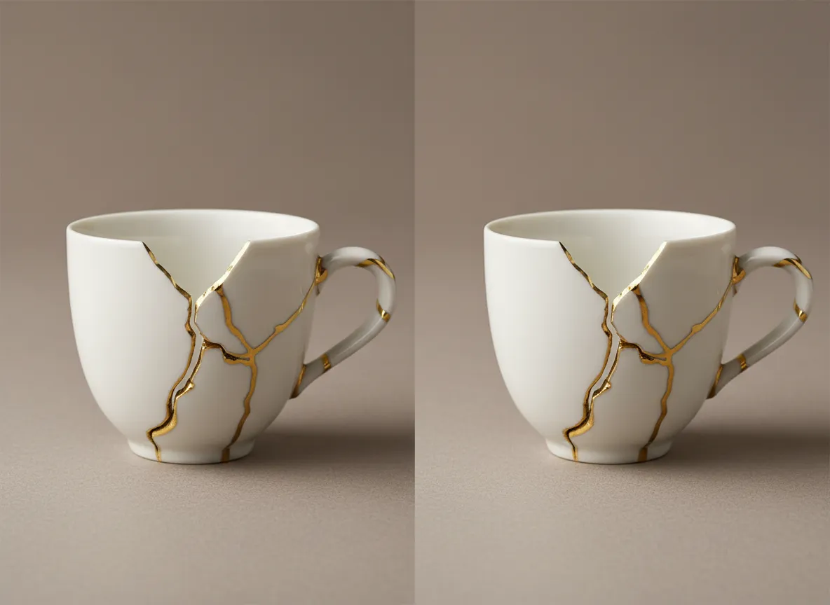 एक साधारण टूटी हुई वस्तु और PromeAI द्वारा सुनहरी मरम्मत के साथ सुंदर किंटसुगी कला में रूपांतरित उसी वस्तु की साथ-साथ तुलना।