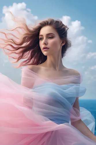little girl in wind,image manipulation,the wind from the sea,celtic woman,portrait background,girl in a long dress,digital compositing,mermaid background,world digital painting,gracefulness,photoshop 