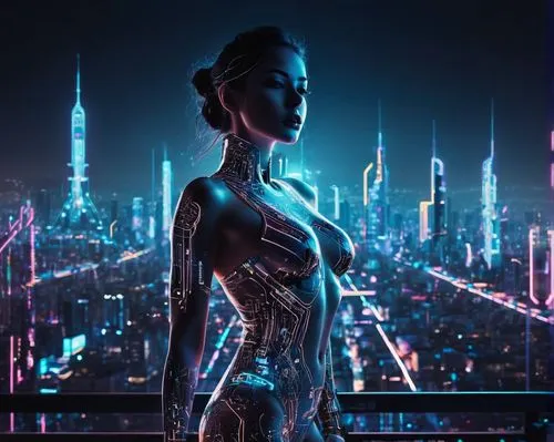 Nude, AI-generated, futuristic, cyberpunk, neon lights, dark background, glowing circuits, wires, metallic body, robotic eyes, shiny skin, standing pose, confident expression, cityscape, skyscrapers, 