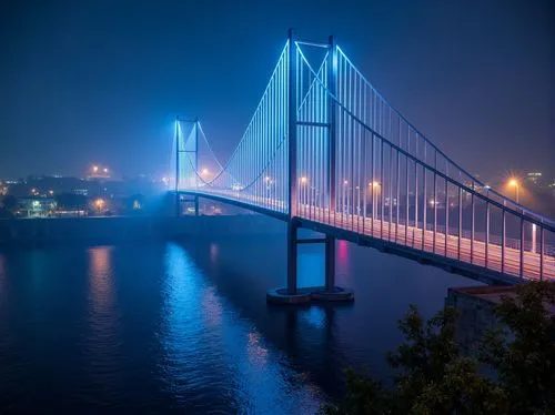 Illuminated suspension bridge, sleek modern architecture, LED light strips, glowing handrails, futuristic lamp posts, dynamic color-changing effects, warm white ambient lighting, dramatic spotlighting