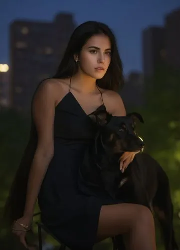 a photograph full body of a beautiful caucasian young woman 23 years old, long black hair, wearing a  black minidress whit a neckline, she is sitting on a chair whit a beautiful black dog on her lap, 