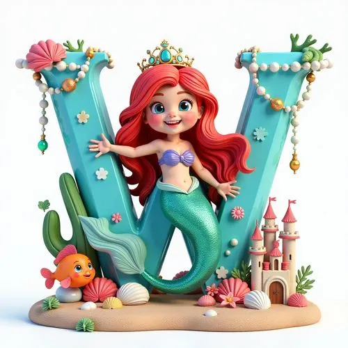 This vibrant image features a large, shimmering letter "W" made of crystal-like material, adorned with aquatic-themed decorations. A cheerful mermaid with long, flowing red hair, a sparkling green and