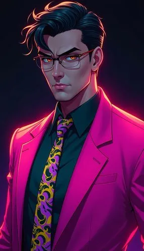 A digitally illustrated portrait of a confident, stylish man with sharp facial features and a serious expression. The character is wearing a vibrant, neon pink blazer over a dark green shirt, paired w