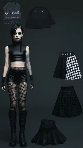 Goth Paper doll futuristic cyberpunk emp punk goth girl in black sleeveless shirt , black spandex shorts, complete full length fishnet and black goth knee Boots, standing surrounded by with a set of g