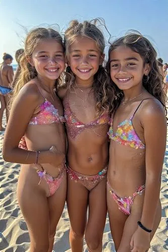 three young girls wearing bikinis stand in front of some swimmers,children girls,little girls,bikinis,gymnasts,kiddos,young swimmers,grandnieces,beauty contest,beautiful photo girls,little angels,outn