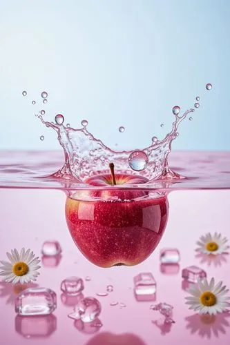 10h A Splash of Sweetness. A rosy pink apple plunges into crystal-clear water, sending a cascade of cool droplets flying into the air. Ice cubes bob around as the apple sinks gently, the splash catchi