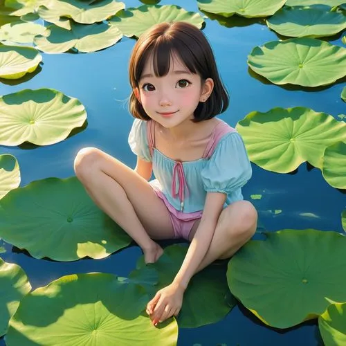 Illustration, girl surrounded by lotus leaves in the pond, sunny summer outdoor, low angle close-up of a happy girl sitting on lotus leaves, Ghibli dreamy and beautiful, 4k HD,lily pad,lotus on pond,l