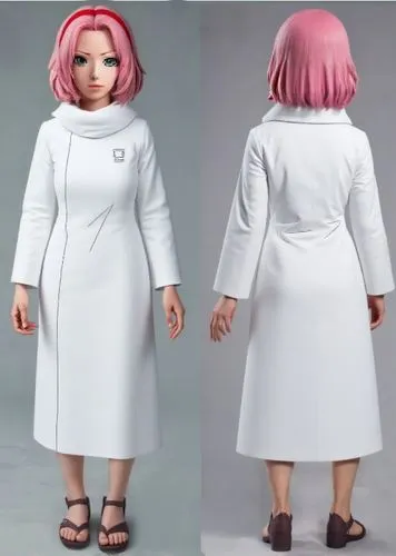 WEAR A WHITE OVERALL ON HER BODY AND BLACK SANDALS ON HER FEET. DO IT PERFECTLY. KEEP HER HIPS WIDE. SHOW A NICE BUTT.,a person wearing a white coat with pink hair, SAKURA HARUNO, NARUTO,dress doll,fe