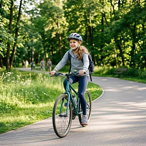 an young teenage girl riding her bike,a woman riding her bike along the path at a park,bicycle riding,bicycling,bicycle ride,cycling,bike path,bicycled,woman bicycle,bicyclist,bike kids,bicycle path,b