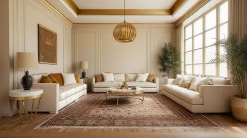 Design a luxurious Persian living room that blends traditional Iranian architecture with modern elegance. Create a spacious, symmetrical, and sophisticated interior featuring black carved classic (ste