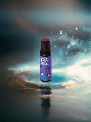 Splash on the surface of the water from the bottle, splash, iridescence in the drops,a closeup view of a purple label on a water surface,tobacco the last starry sky,sea water salt,eyedrops,light spray