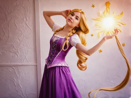 Awesome Rapunzel Cosplay! (Love the Sun design on the wall to the left!),rapunzel,tangled,sorceress,zodiac sign libra,fairy dust,rosa 'the fairy,gold and purple,wand gold,purple and gold,magic wand,at