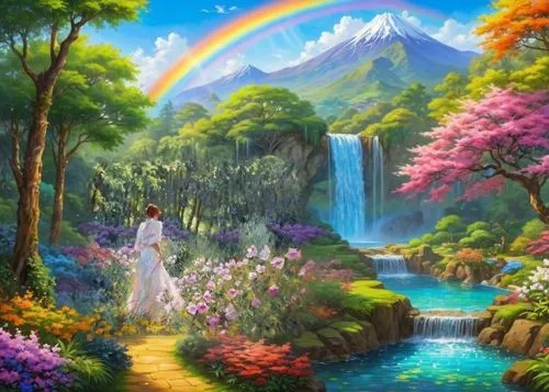 oil painting with brush texture, romantic, peaceful, a royal garden with an hidden multicolored magic waterfall fountain in the bushes, intricate details, painting on canvas, flowers, dense forestatio