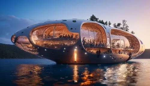 Design marine-inspired mobile pods harmonizing ecosystems with cutting-edge eco-tech. ship inside,a futuristic design building with people standing outside on it,cube stilt houses,floating huts,futuri