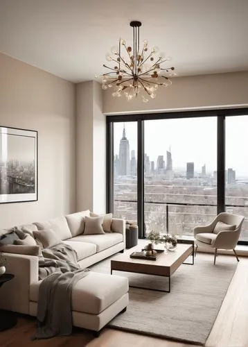 Neutral colors interior design, modern living room, beige walls, cream-colored sofa, minimalist coffee table, natural wood flooring, soft carpet, elegant chandelier, floor-to-ceiling windows, city vie