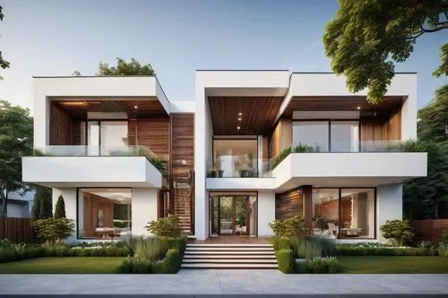 Modern duplex house, minimalist architectural design, white exterior walls, large windows, sliding glass doors, flat roof, symmetrical facade, beautiful garden, green lawn, flower beds, small trees, o