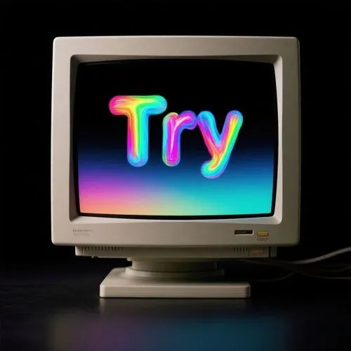 在屏幕上写上"Try"显示，彩色的字体，适配屏幕,the tv is on while the letters that are illuminated are lit up,try,trysting,start button,yew,typify,computer icon,turn on,toy,yr,byte,dye,computer graphic,computer game,comput