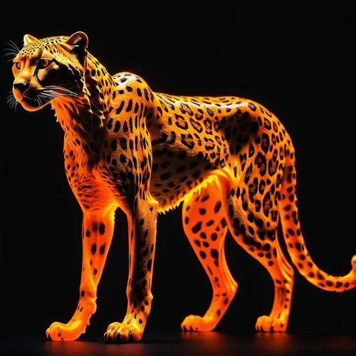 Molten glass art of a ferocity cheetah,glowing in neon orange,creating bold leopard print silhouettes,pure black background,neon body painting,cheetahs,cheetah,jaguar,leopard,bengal cat,animal figure,