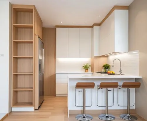 A modern and stylish kitchen featuring a combination of cream MDF and wood, creating a warm and inviting atmosphere. On the right side, there is a double-bowl sink along with a built-in cooktop, while