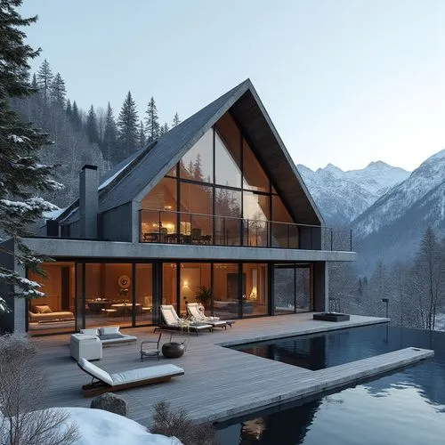 A hyper-realistic, high-resolution architectural photograph of a luxurious, alpine-style modern villa nestled in a mountainous landscape. The home features a prominent A-frame roof and is constructed