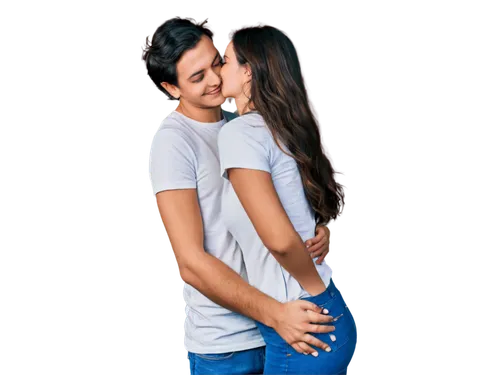 Young couple, embracing, romantic, gentle hug, sweet kiss, closed eyes, smiling faces, soft hair, casual wear, blue jeans, white T-shirt, comfortable atmosphere, warm lighting, shallow depth of field,