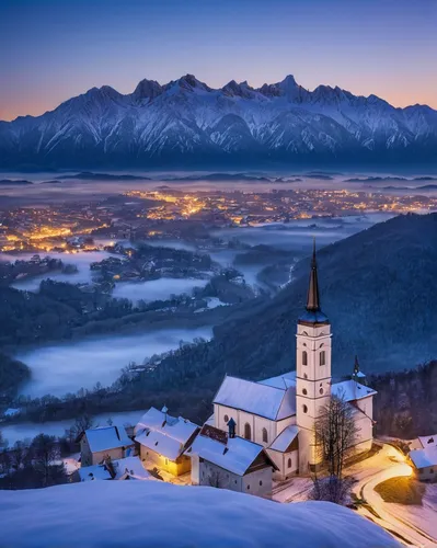 View at sunrise in winter from Rantovše hill across to Sveti Tomaz nad Praprotnim (church of Saint Thomas) and the Kamnik Alps, Slovenia.,south tyrol,slovenia,east tyrol,garmisch,austria,south-tirol,t