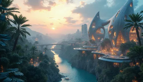 a futuristic city with futuristic architecture and trees,fantasy landscape,fantasy picture,futuristic landscape,fantasy city,citadels,ancient city,fantasy world,fantasy art,imperial shores,world digit