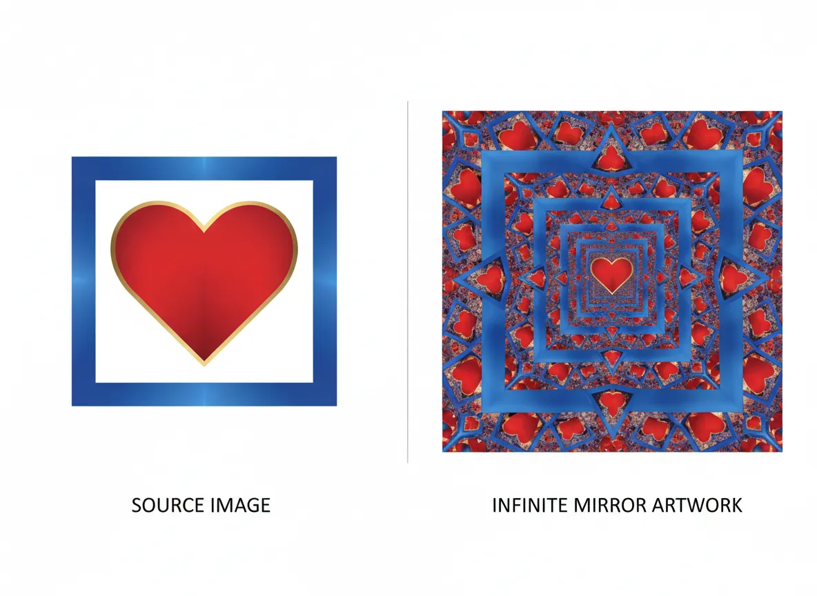 Confronto affiancato che mostra un'immagine sorgente semplice e l'opera d'arte complessa e ricorsiva generata dallo strumento Specchio Infinito.