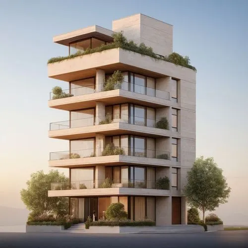 Create a premium luxury apartment building in a Modern Roman Minimalist architectural style. The design should combine the timeless elegance of Roman architecture with the simplicity of modern minimal