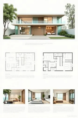 A professional architectural presentation board with a Pure background and a clean, minimalist design layout. The board includes:

Top Section: On the top left, a photorealistic render of a contempora