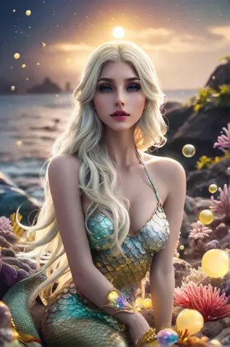Under the moonlight, at night, a glowing colorful mermaid with a shiny fish tail and a glowing body is sitting on the reef, a big fish tail, looking at me, dreamy scene, surrounded by colorful bubbles